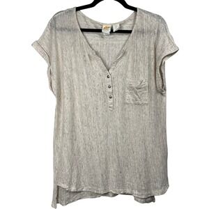 C&C California Women XL 100% Linen Henley Top Short Sleeve Oatmeal Beige Slub